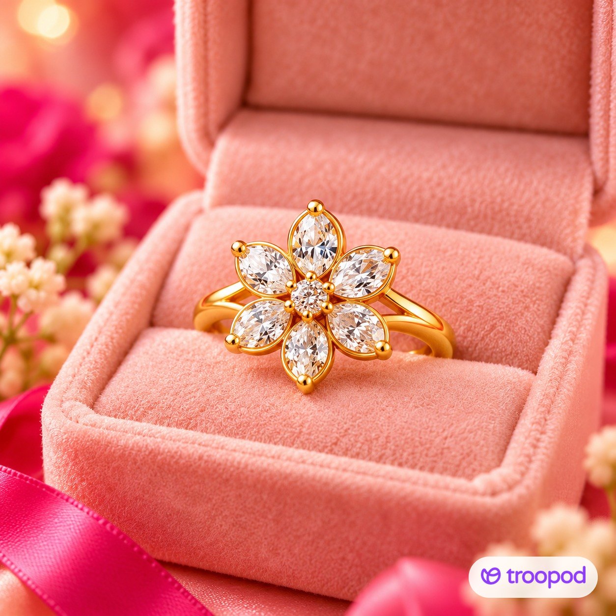 Flower ring in a pink velvet gift box